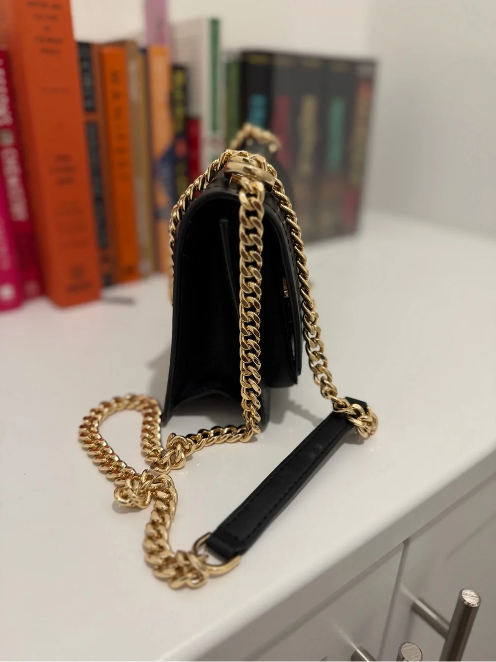 Michael Kors Black Leather Crossbody with Gold Chain